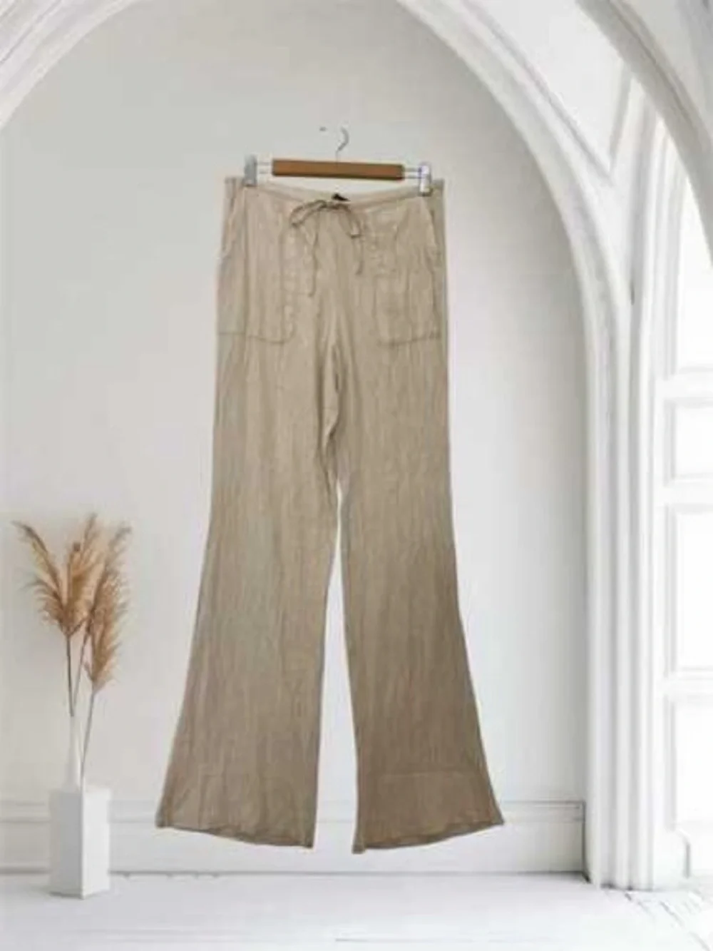 Zara Crinkle Linen-Blend Wide Leg Pants in Light Beige